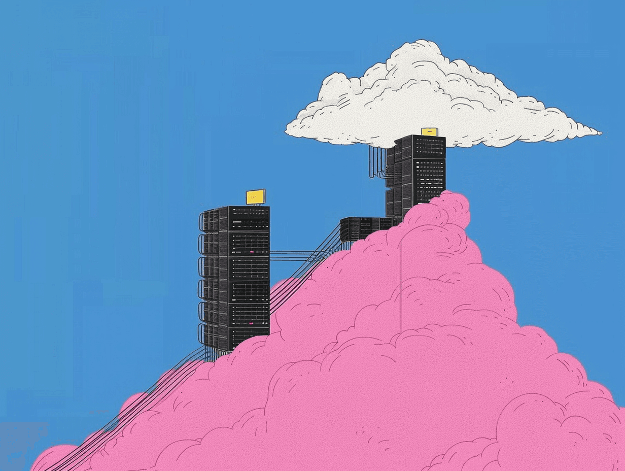 Ilustración de dos torres de servidores separadas y conectadas sobre una plataforma en la nube, como metáfora de la separación entre la BVA y Cavapy sobre tecnología Nasdaq