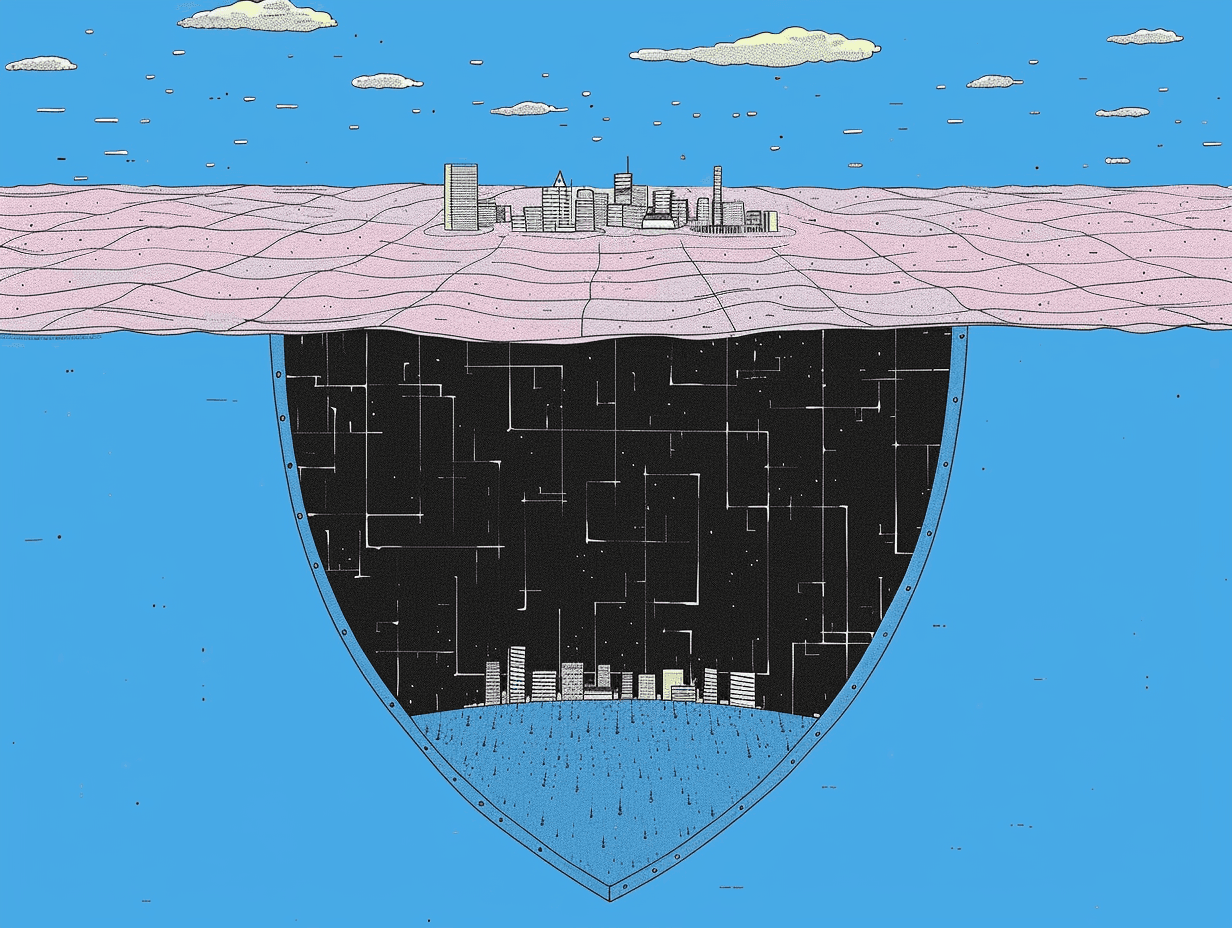 Ilustración de una ciudad flotando sobre un corte transversal que revela la infraestructura oculta debajo, como metáfora del core bancario paraguayo