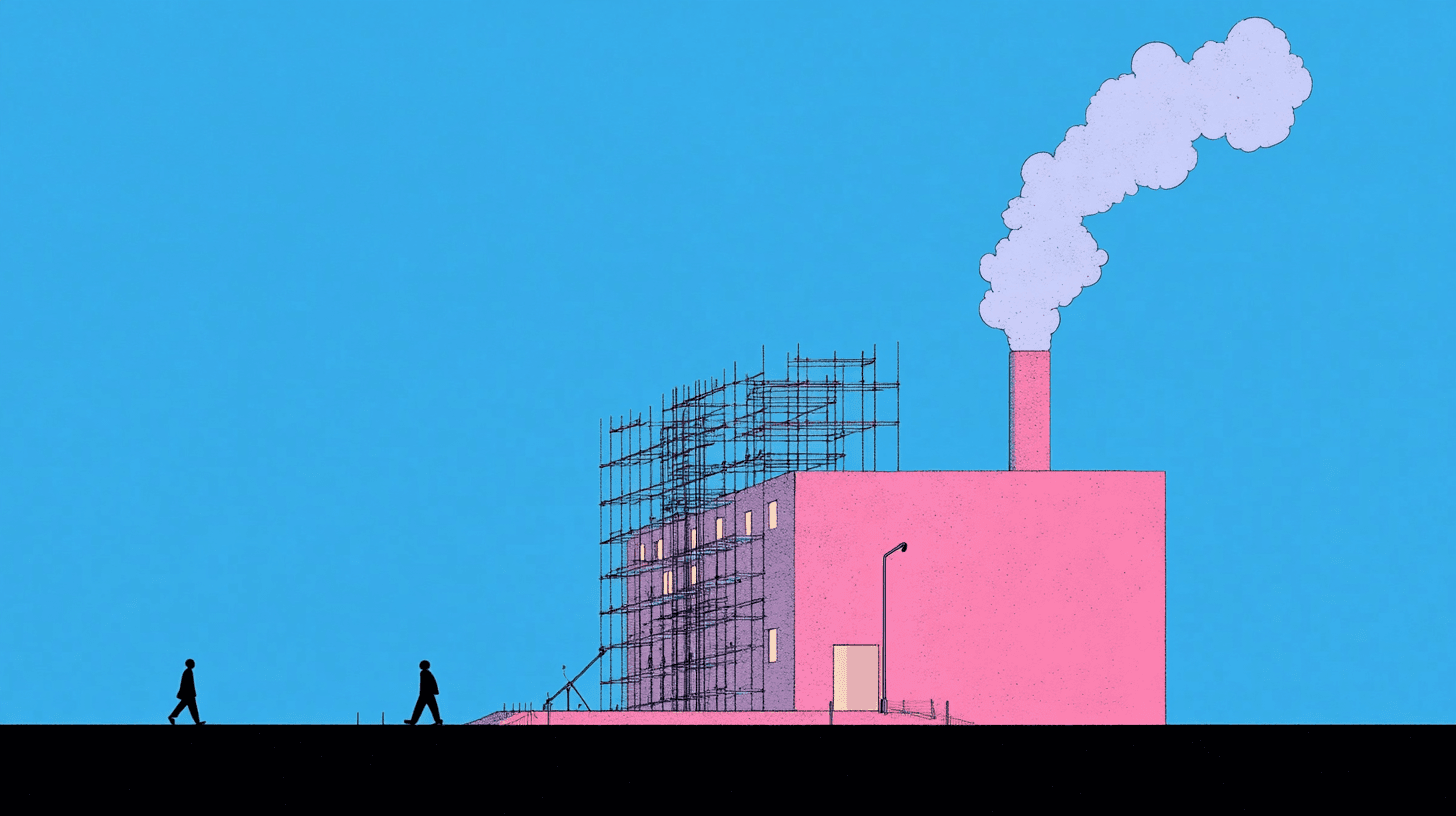 Illustration of a pink factory with scaffolding covering part of the facade and a smokestack still running, as a metaphor for an infrastructure modernization that never stops the operation