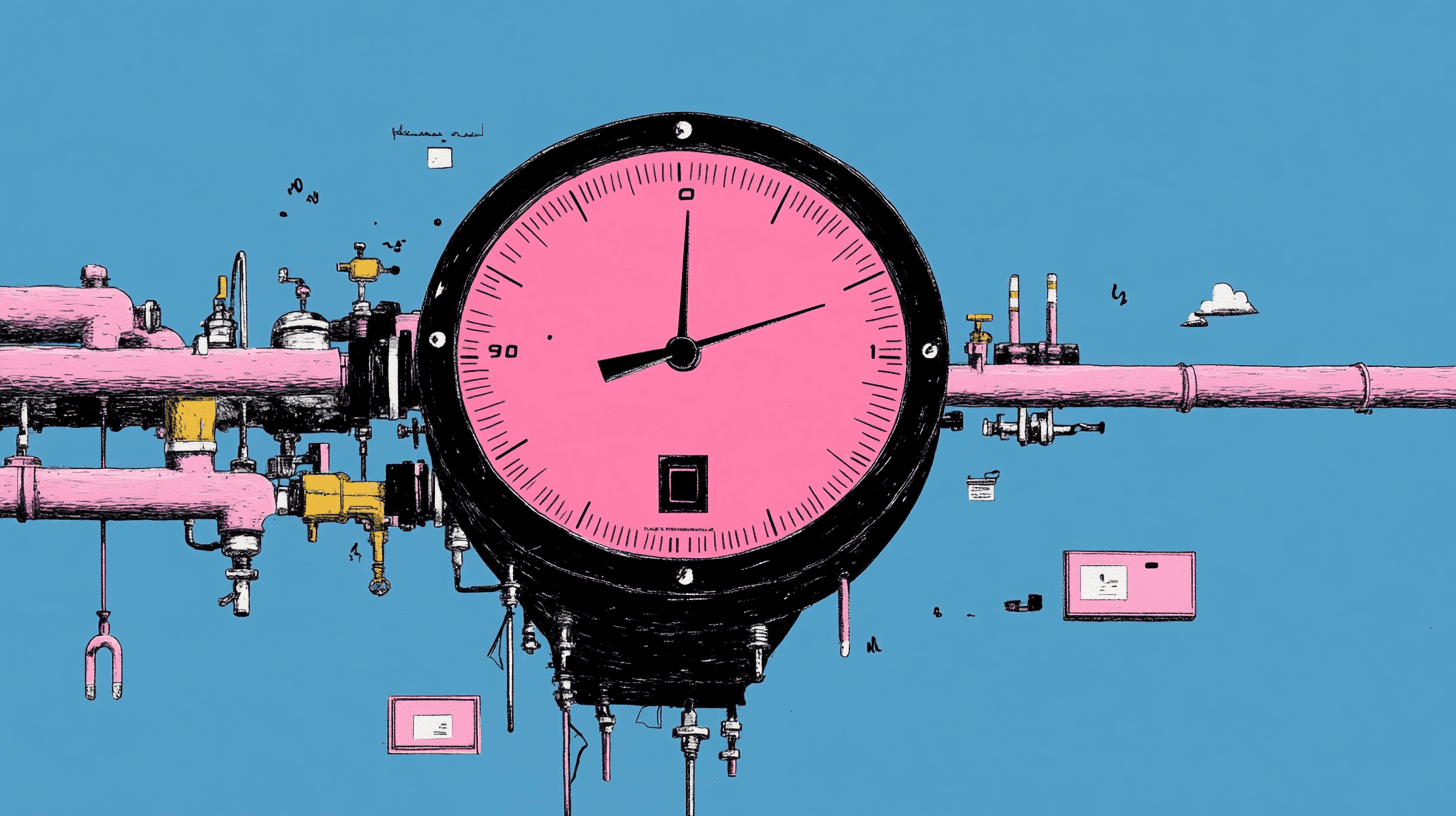 Ilustración de un manómetro industrial rosa integrado a una cañería, con la aguja marcando la hora como un reloj, como metáfora de medir el uptime de la operación durante una migración