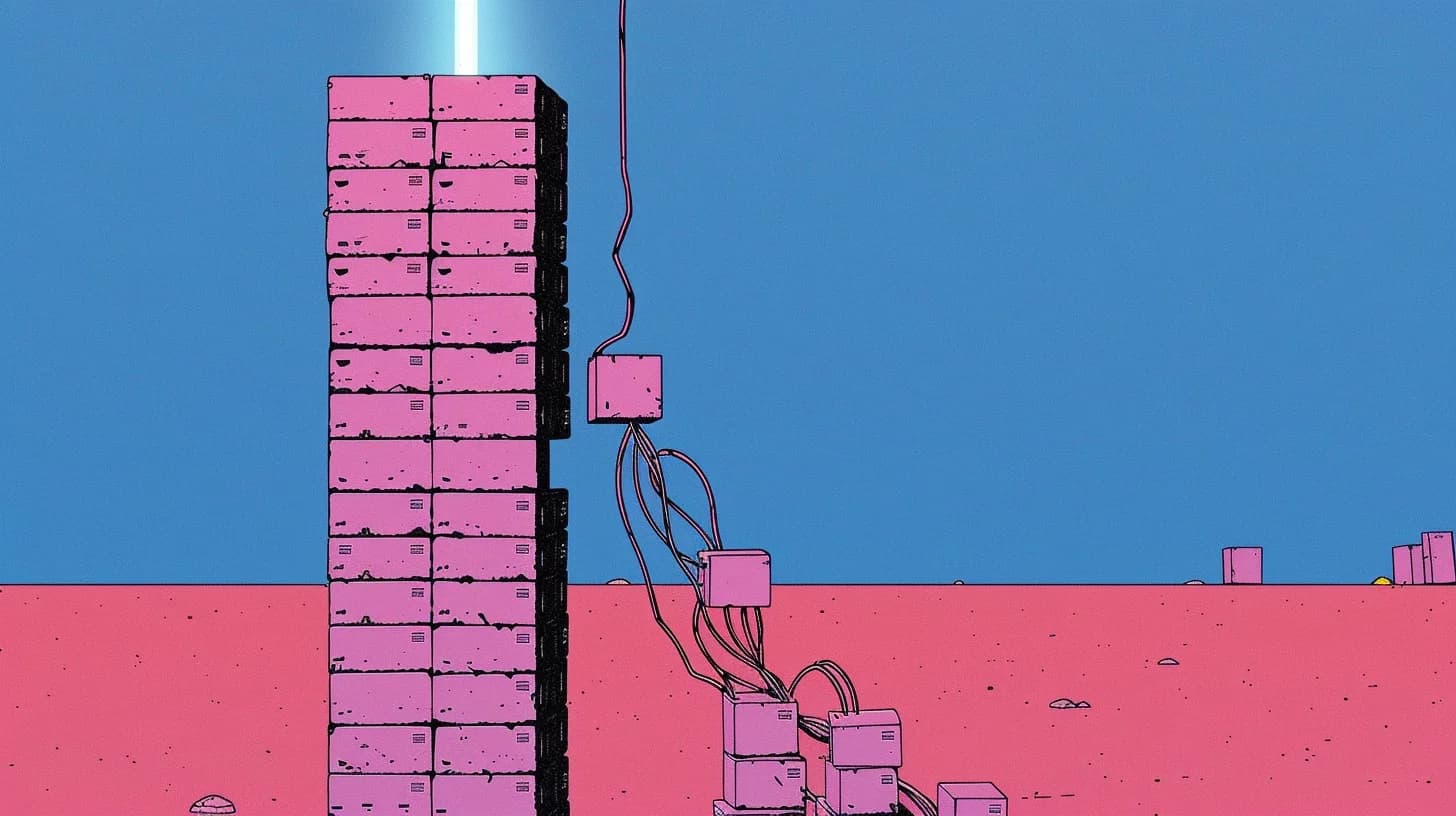 Ilustración de una torre de bloques rosados conectada por cables a bloques más chicos, como metáfora de un sistema que se moderniza pieza por pieza sin dejar de funcionar