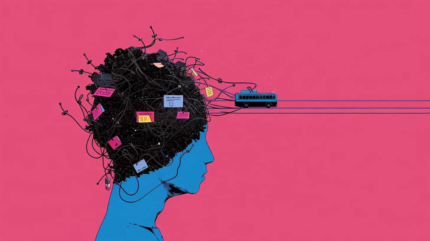 Ilustración de una persona de perfil con la cabeza llena de cables y notas adhesivas enredadas, de la que sale un micro que avanza por varias líneas rectas