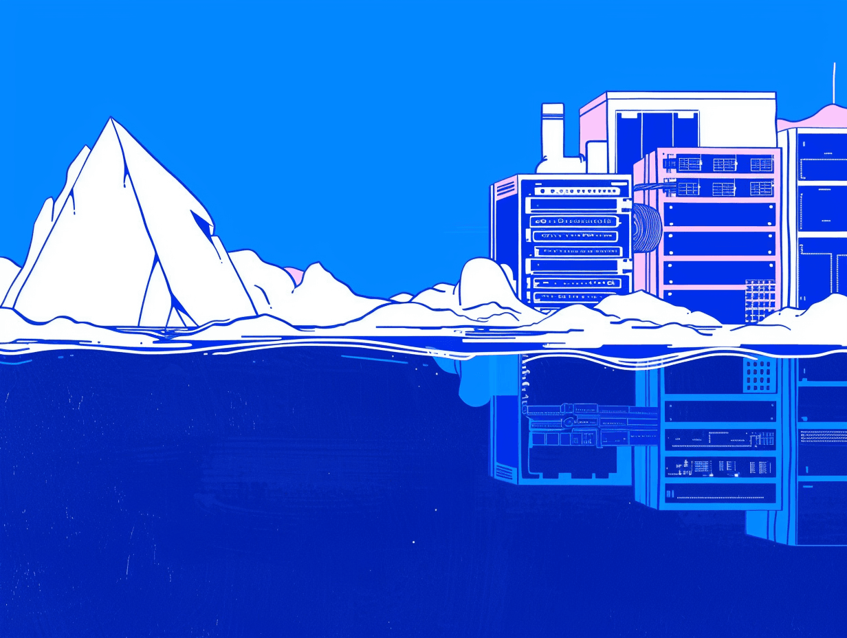 Ilustración de un iceberg junto a servidores parcialmente sumergidos, como metáfora de los sistemas legacy en la banca paraguaya